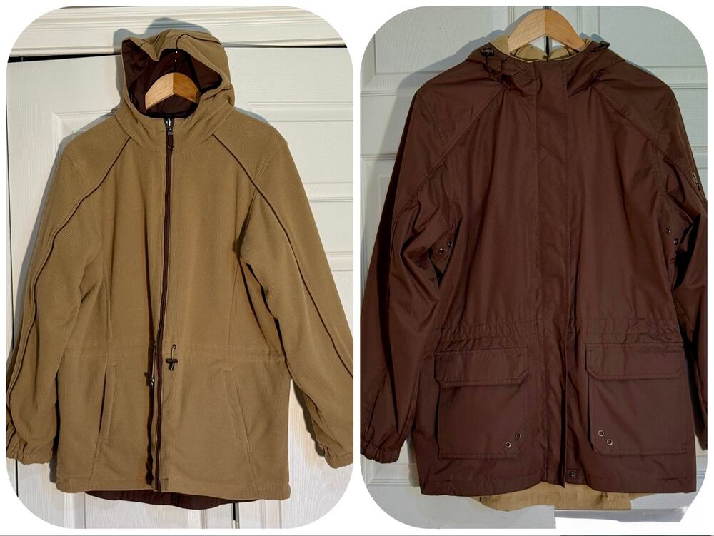 St John's Bay Men's Large Reversible Jacket Brown Tan Corduroy Hooded Utility